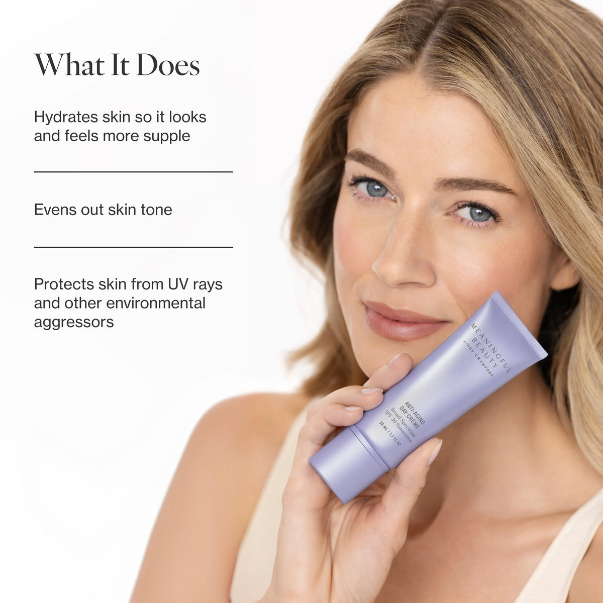 Infographic listing the key benefits of Anti-Aging Day Crème