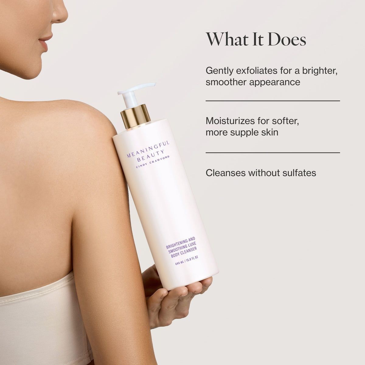 Infographic listing the key benefits of Brightening and Smoothing Luxe Body Cleanser