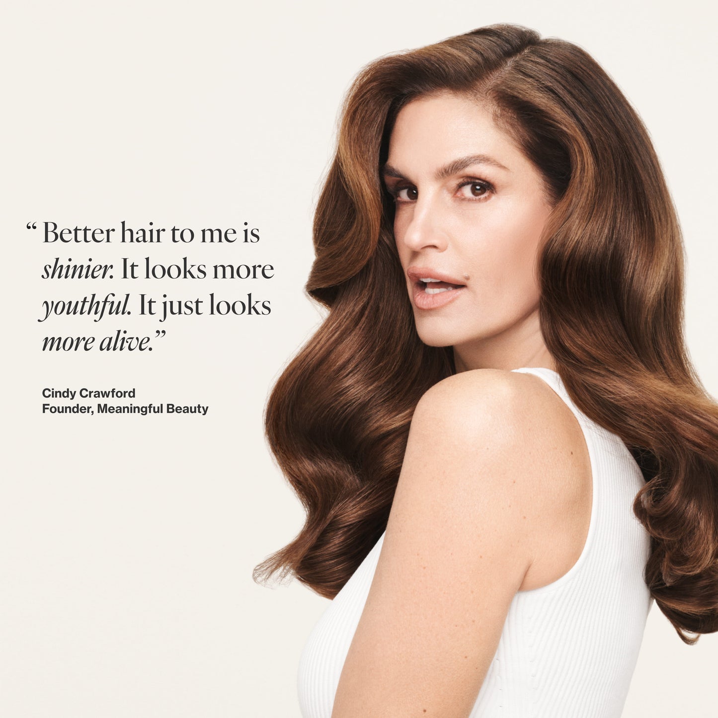 Photo of Cindy Crawford with a testimonial quote about 2-Piece Essentials Haircare System