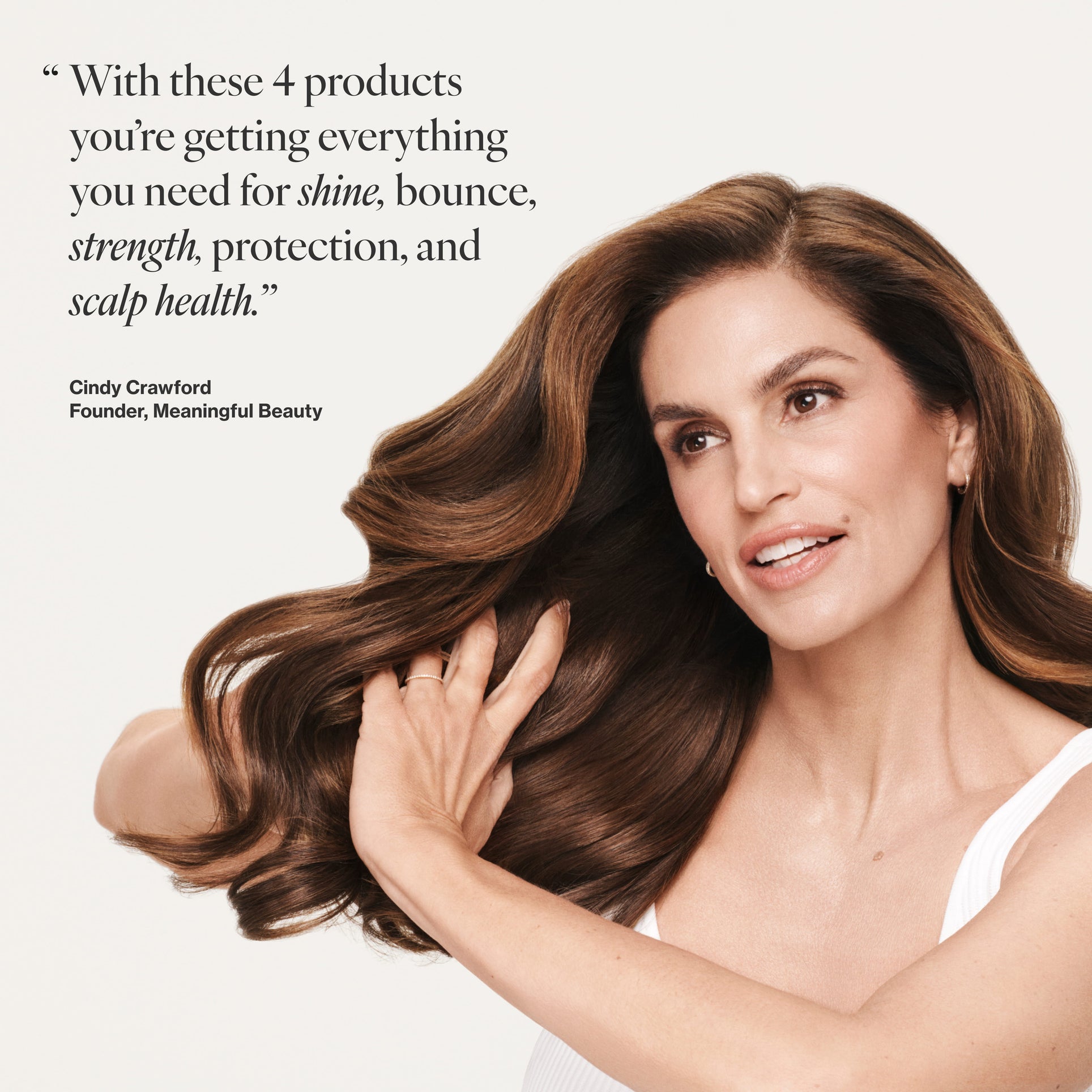 Photo of Cindy Crawford with a testimonial quote about 4-Piece Deluxe Age-Proof Haircare System