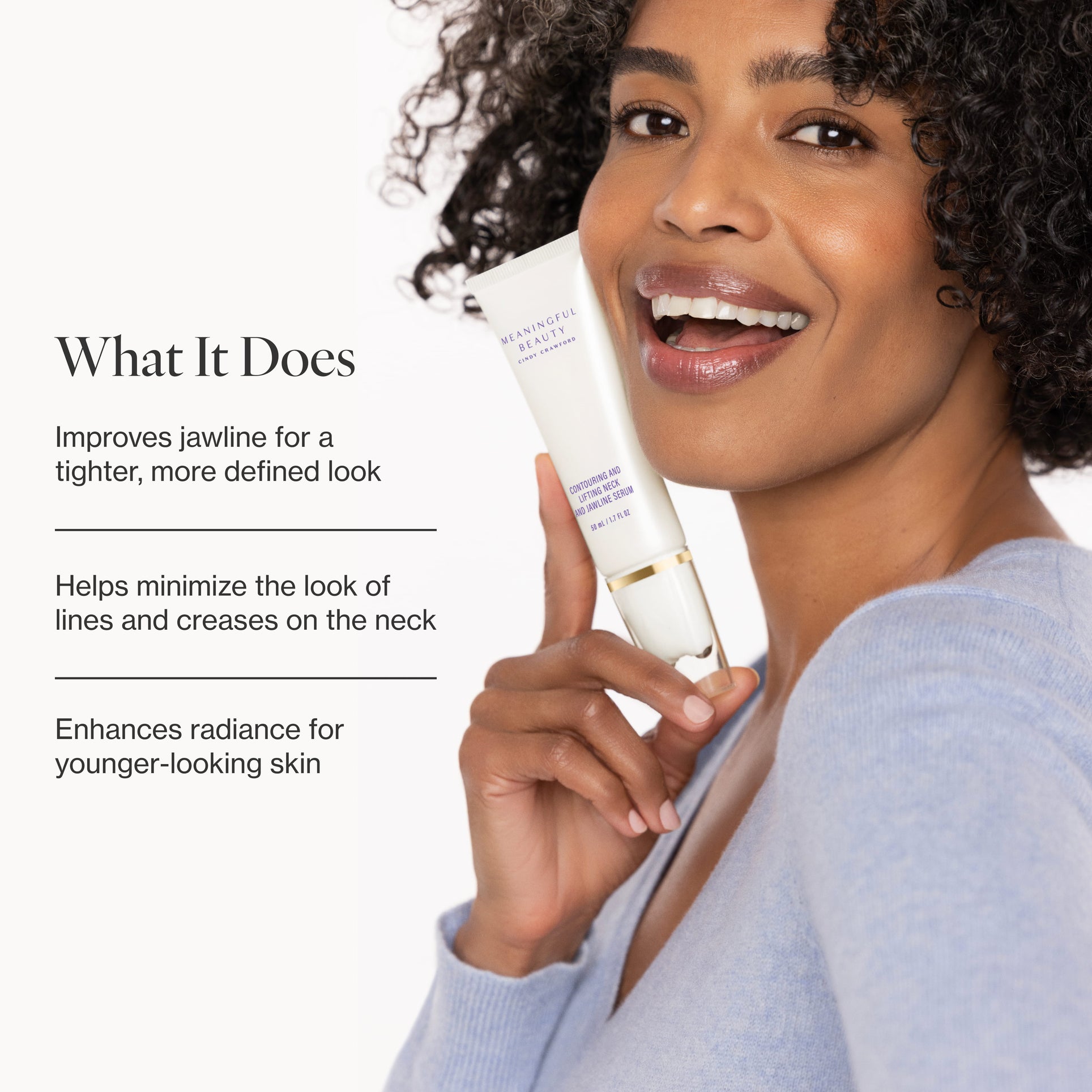 Infographic listing the key benefits of Contouring and Lifting Neck and Jawline Serum