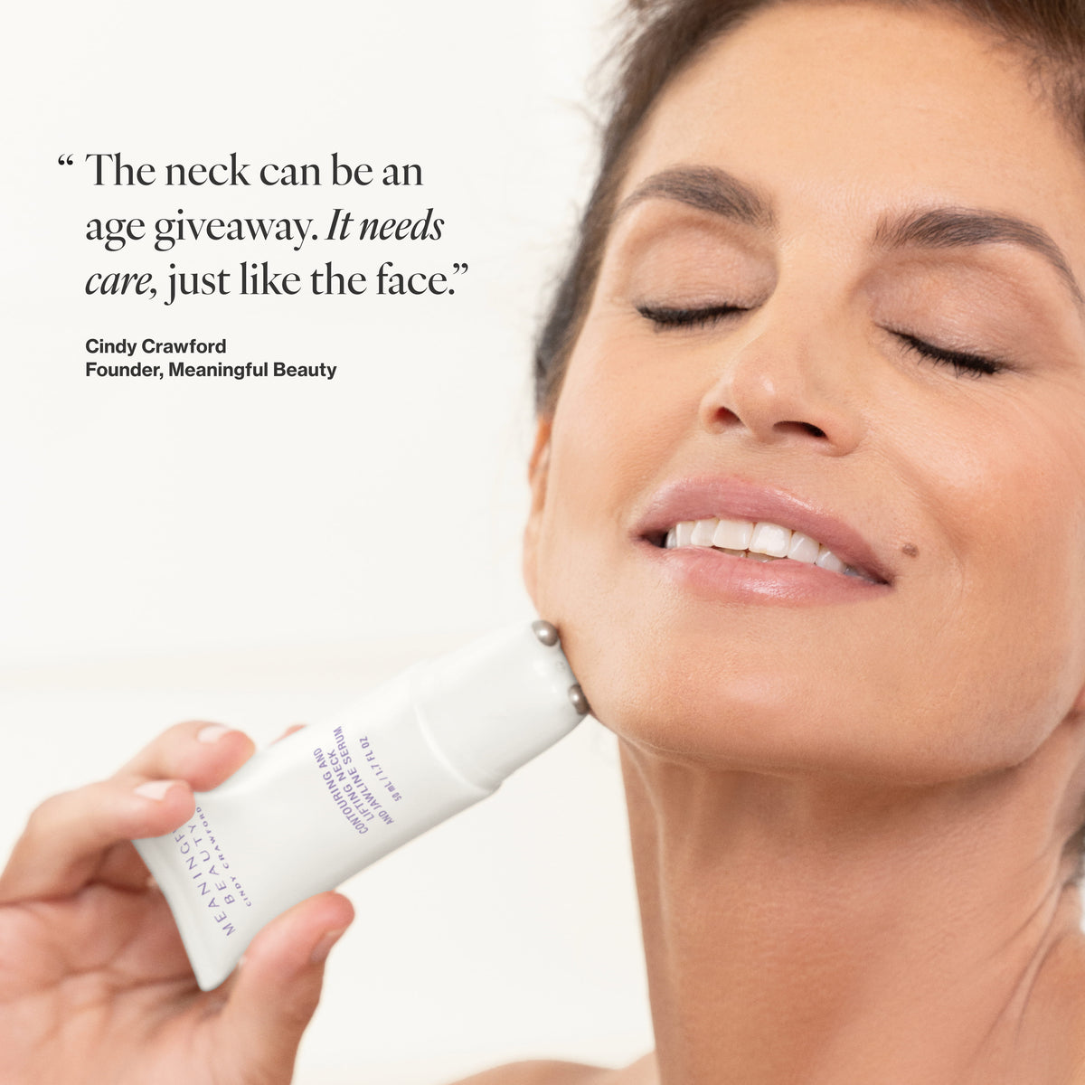 Photo of Cindy Crawford with a testimonial quote about Contouring and Lifting Neck and Jawline Serum