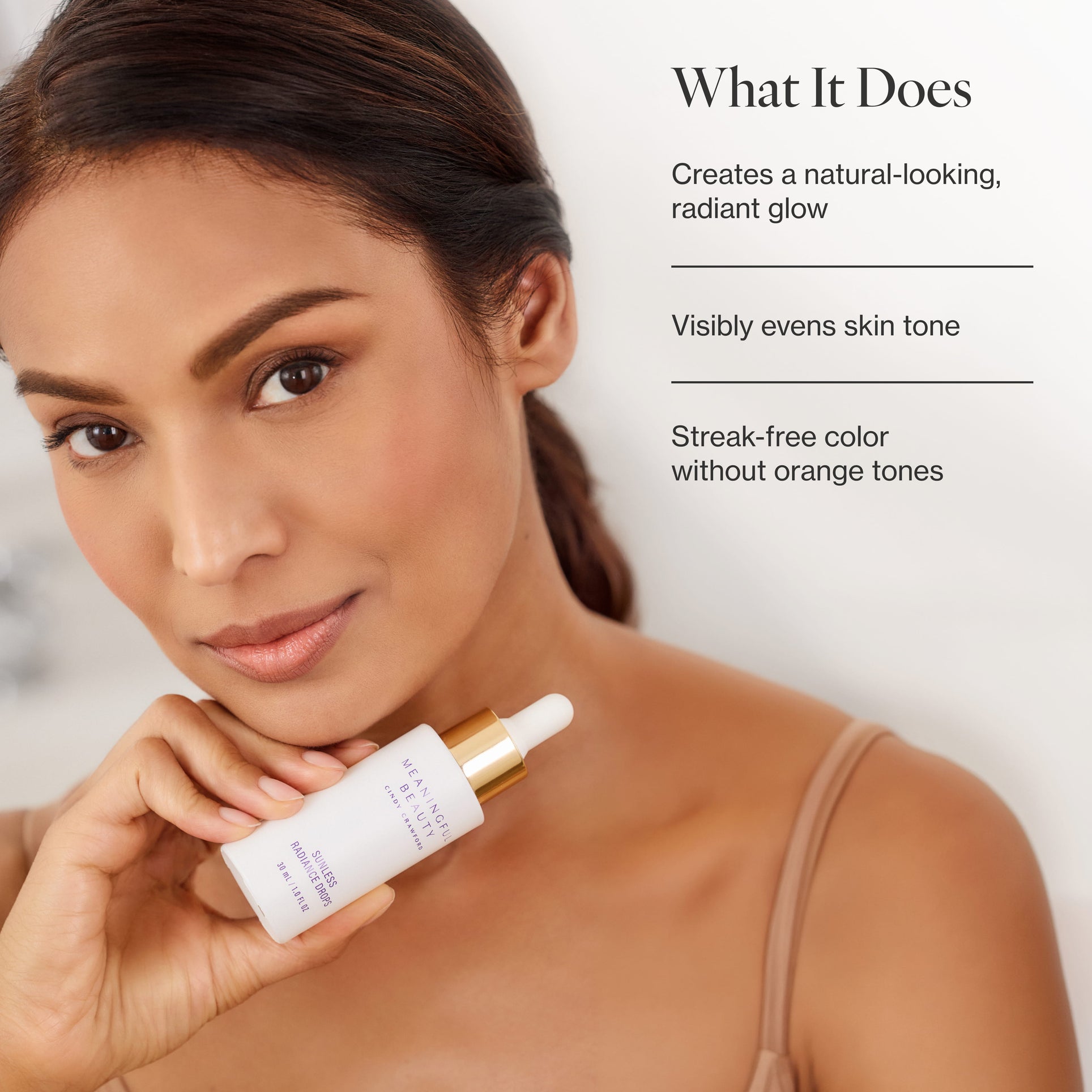 Infographic listing the key benefits of Sunless Radiance Drops