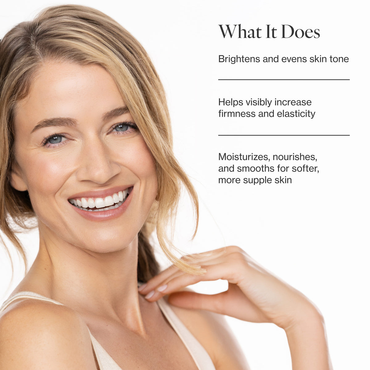 Infographic listing the key benefits of Vitamin C Bi-Phase Brightening Oil