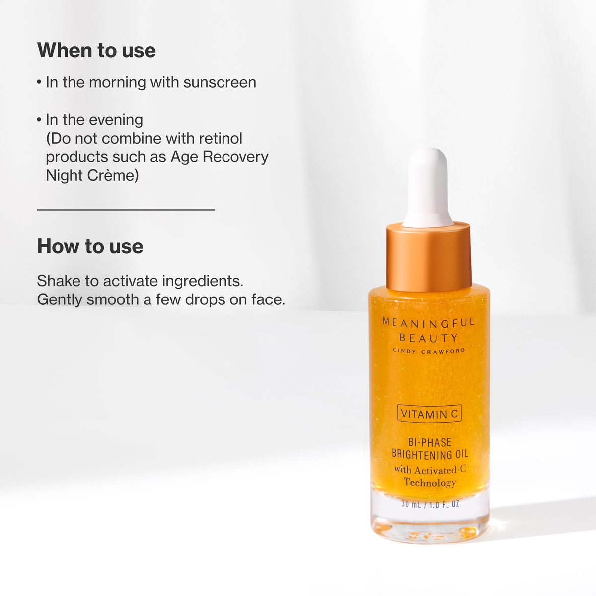 Infographic showing how to use Vitamin C Bi-Phase Brightening Oil